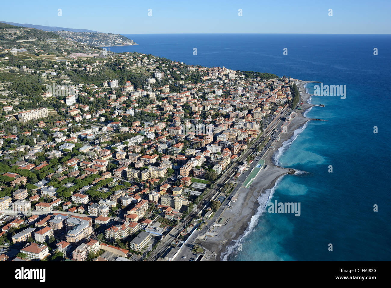 AERIAL VIEW. Seaside resorts of Vallecrosia and Bordighera. Province of Imperia, Liguria, Italy. Stock Photo