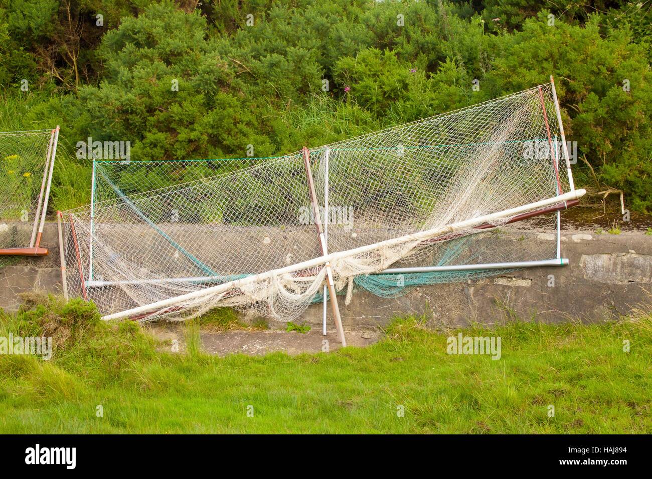 Haaf Nets drying in the sun. Bowness on Solway, Solway Coast, Cumbria, England, United Kingdom, Europe. Stock Photo