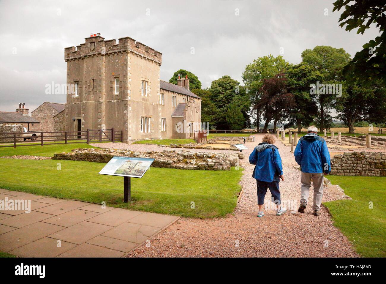 Retired couple visiting. Birdoswald Roman Fort, Cumbria, England, United Kingdom, Europe. Stock Photo