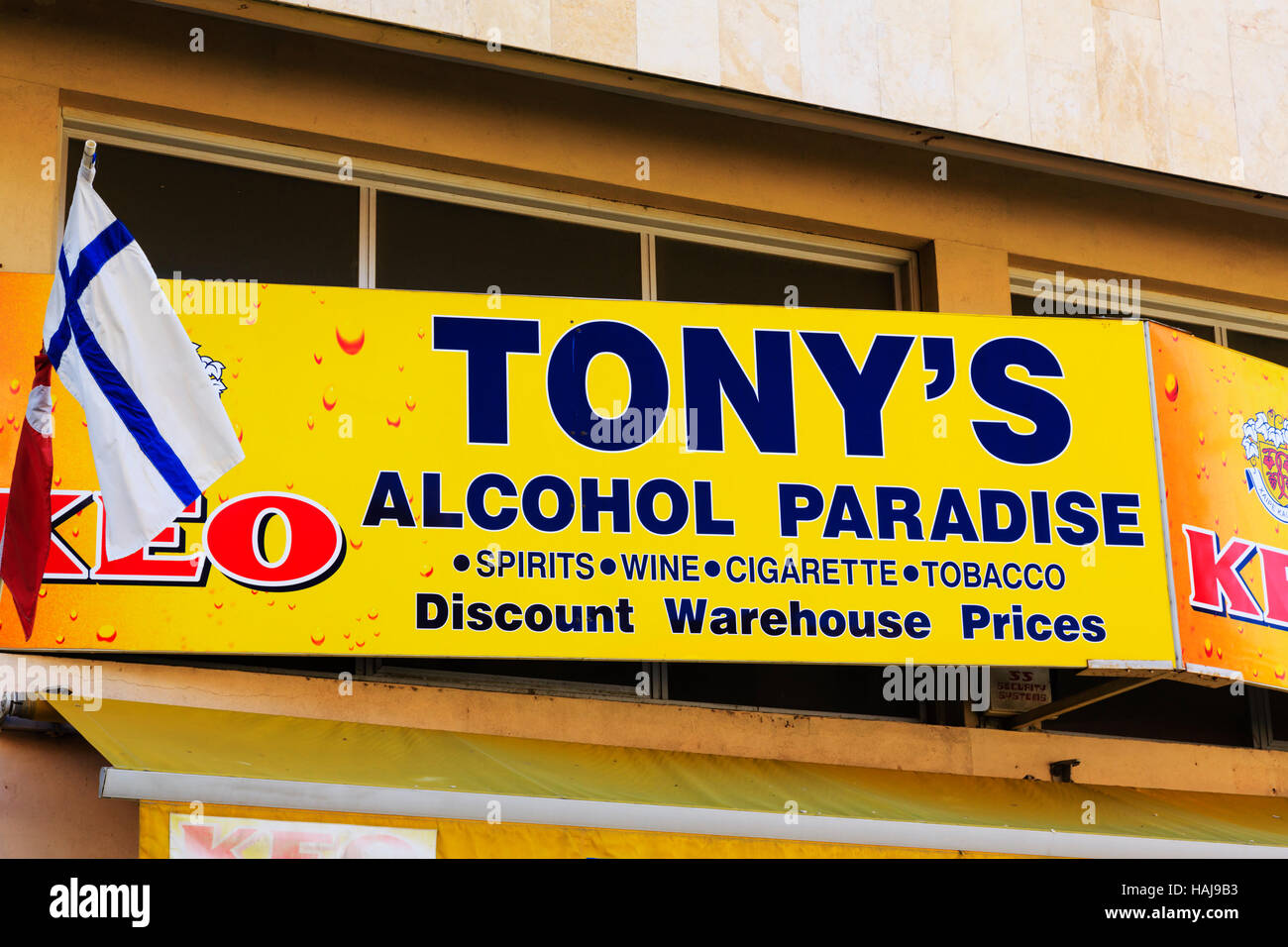 Sign above shop selling alcohol, Larnaca, Cyprus Stock Photo Alamy