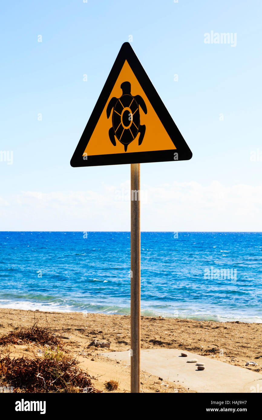 Turtle breeding ground warning sign, Tunnel Beach, Happy Valley, Episkopi, CyprusCyprus Stock Photo