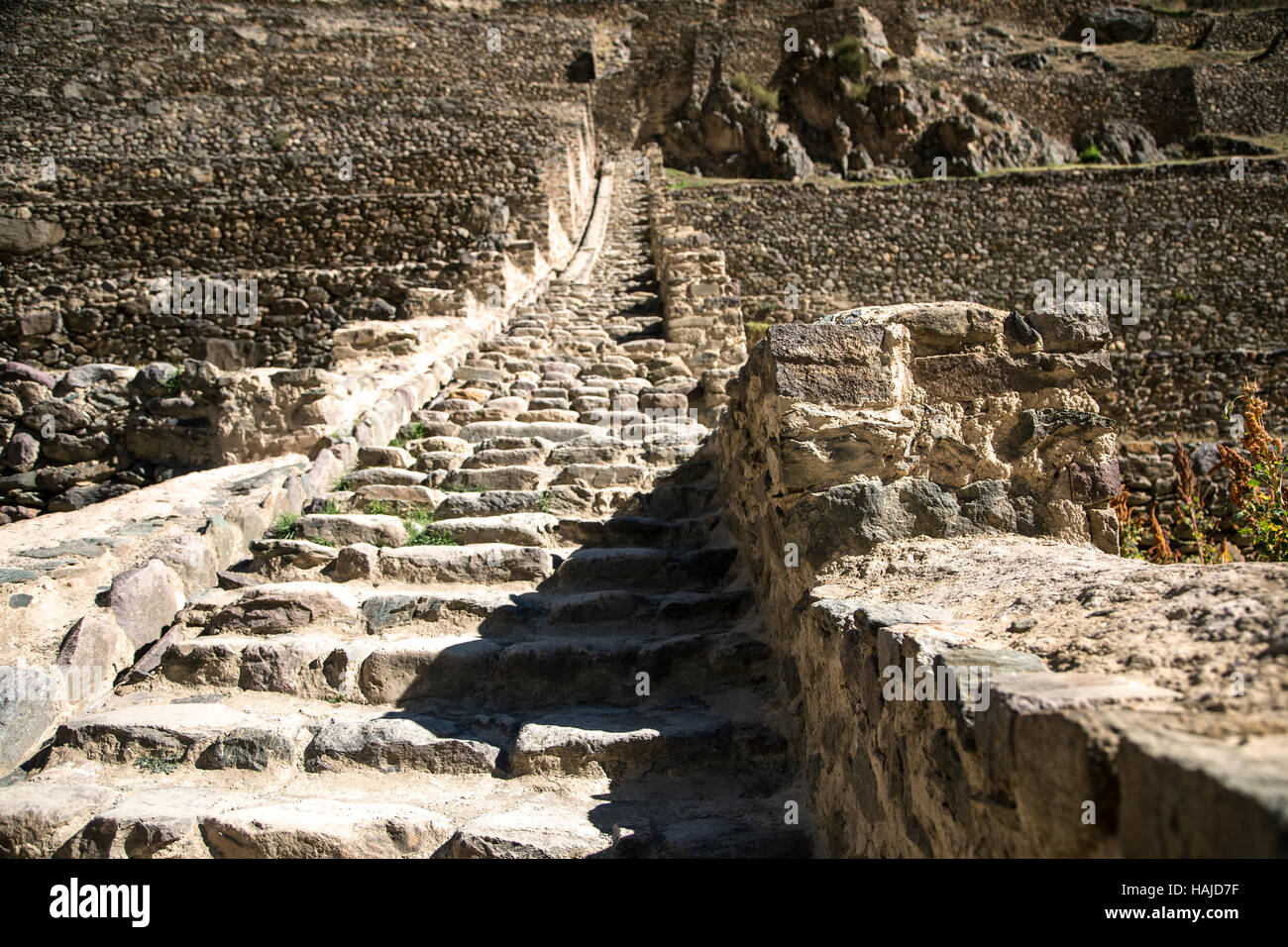 Steps on agricultural terraces, Ollantaytambo Ruins, Ollantaytambo, Cusco, Peru Stock Photo