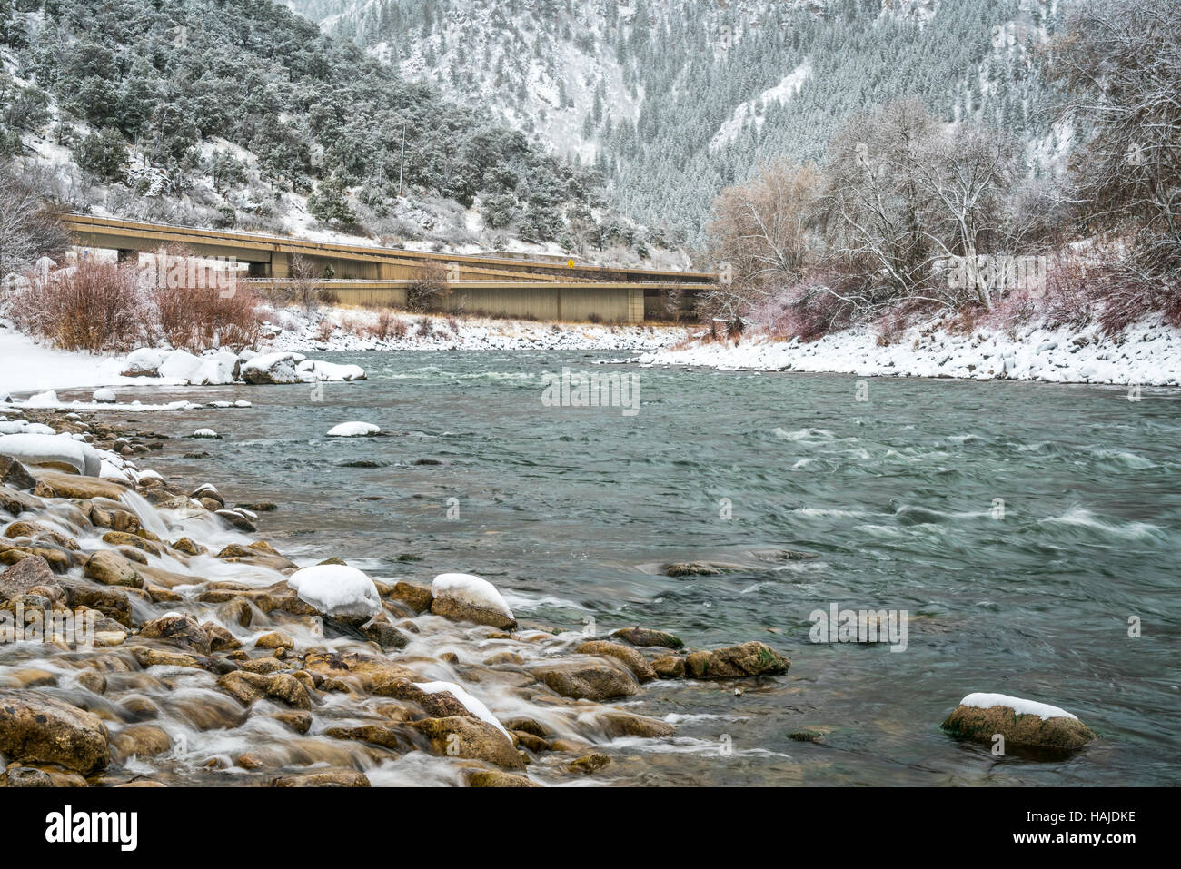 Snow storm over Colorado River and interstate highway i80 in Glenwood