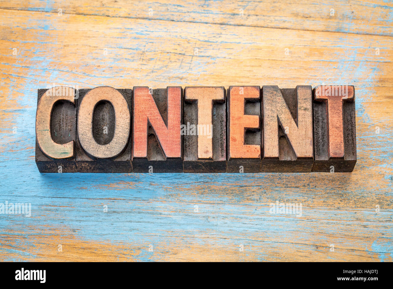 content  - word abstract in vintage letterpress wood type printing blocks Stock Photo