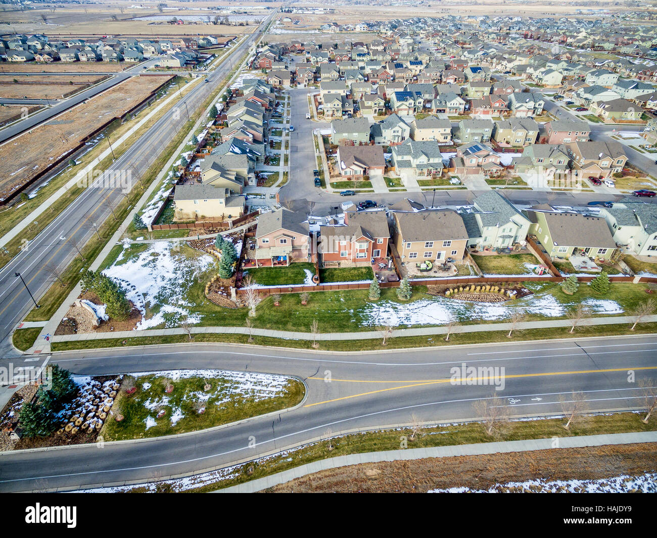 A new house development along Front Range in northern Colorado, aerial view Stock Photo