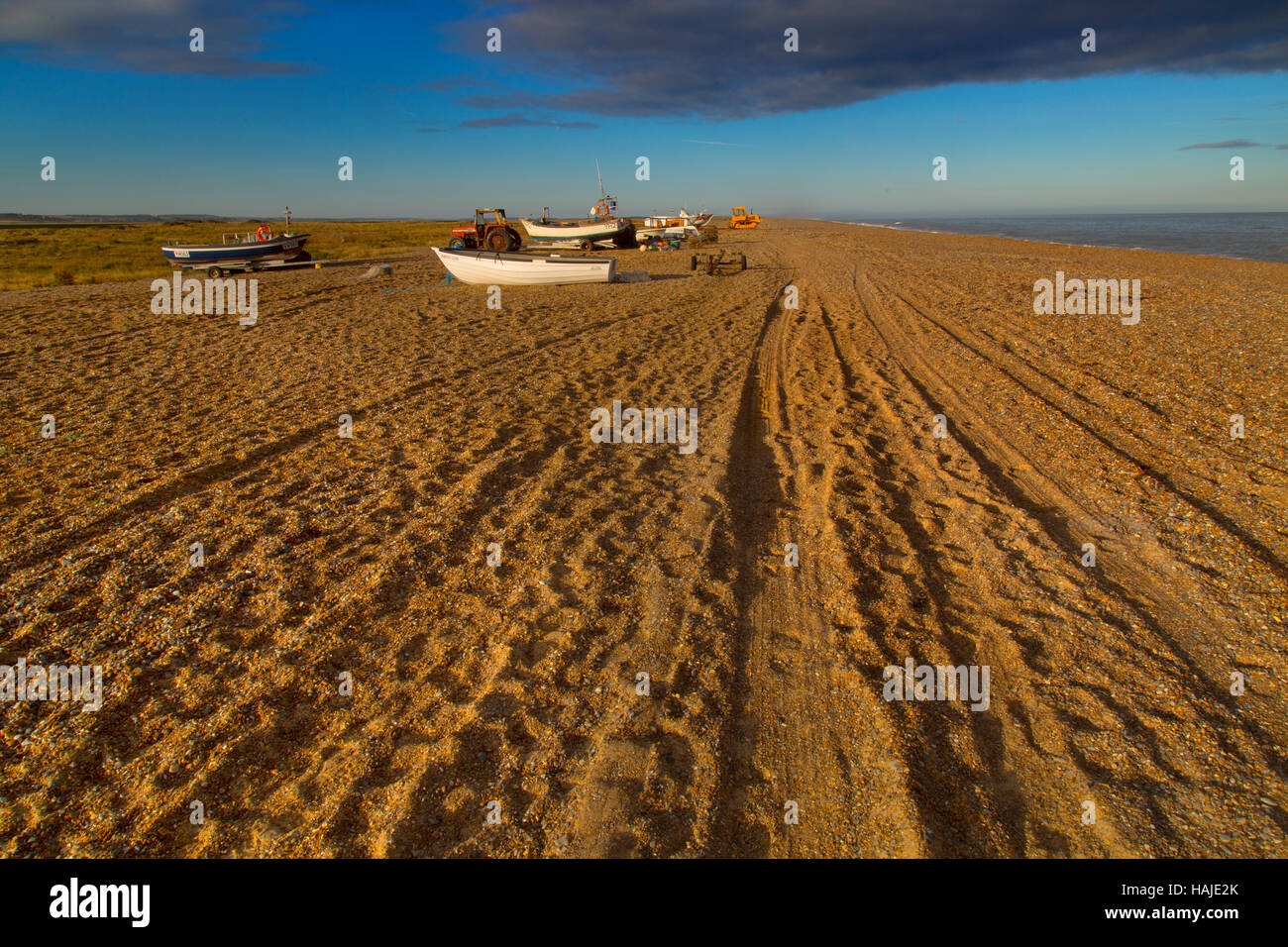 Cley Beach and crab boats Norfolk winter Stock Photo
