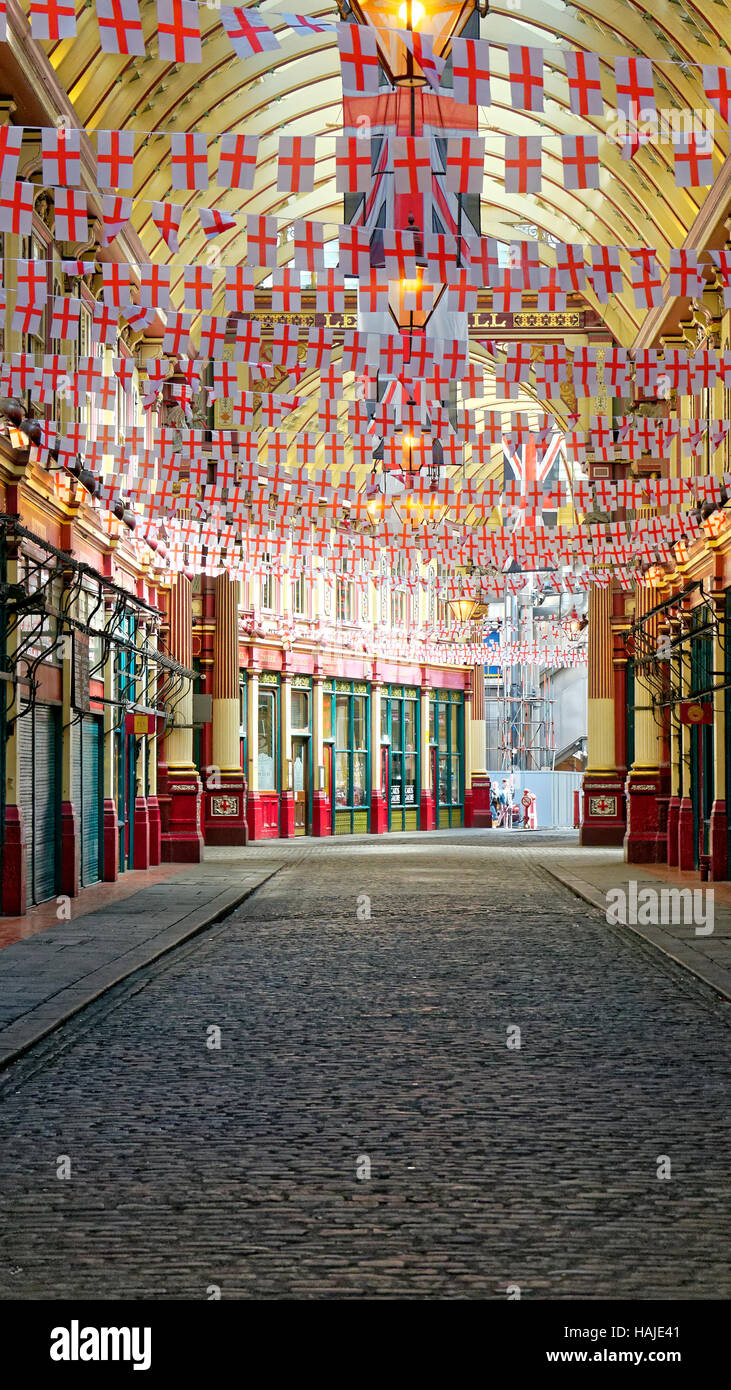 Leadenhall Market interior decorated with St George Flags Stock Photo