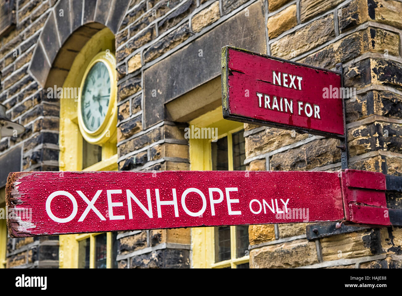 Signs at the Haworth railway station, part of the Keighley and Worth