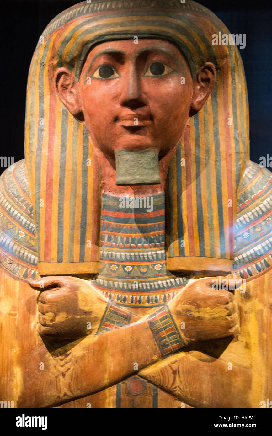 petisis wooden sarcophagus at leiden museum Stock Photo