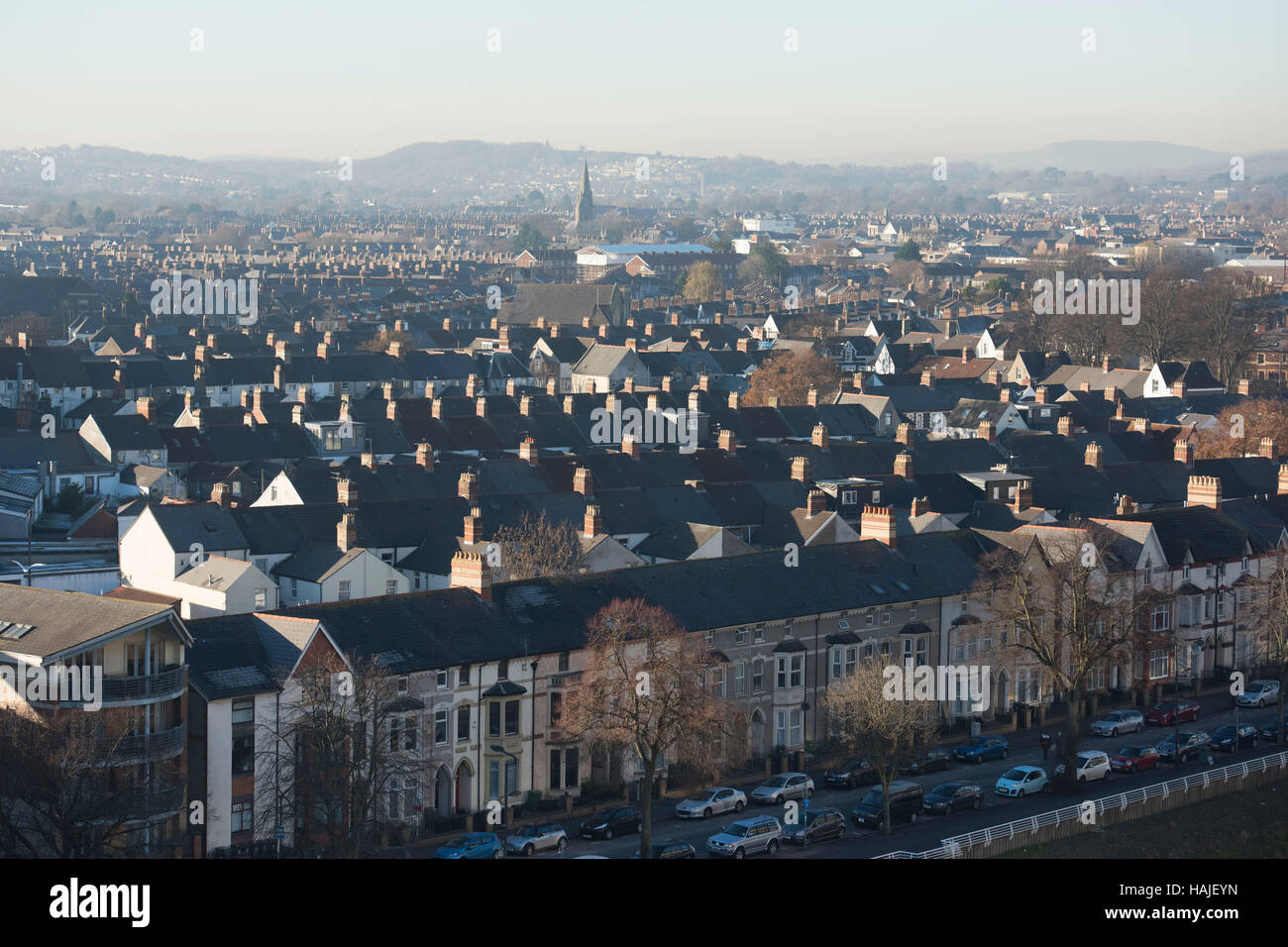 Aerial view of terraces houses in Riverside Cardiff, South Wales Stock