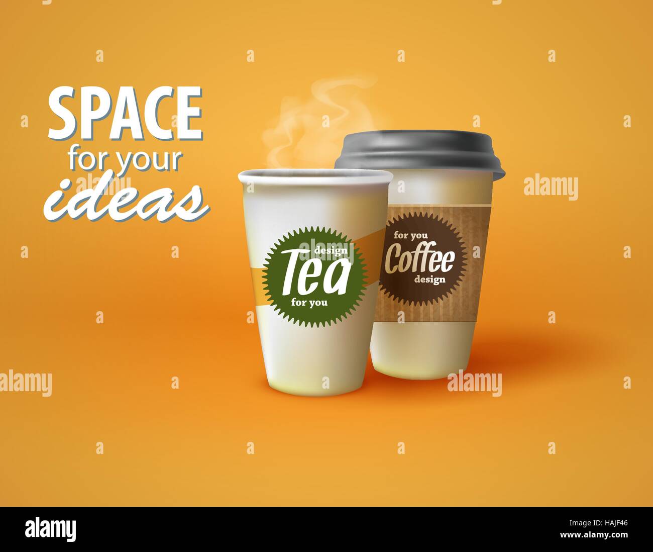 Two cups of hot coffee and tea on a yellow background with place for your text. Vector illustration EPS10 . Stock Vector