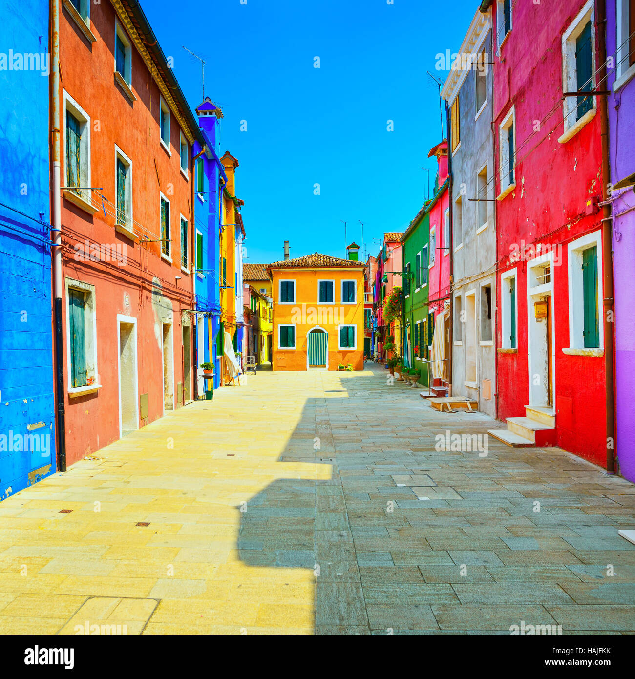 Venice landmark, Burano island street, colorful houses, Italy, Europe. Stock Photo