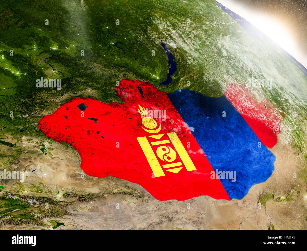Mongolia with embedded flag on planet surface during sunrise. 3D ...