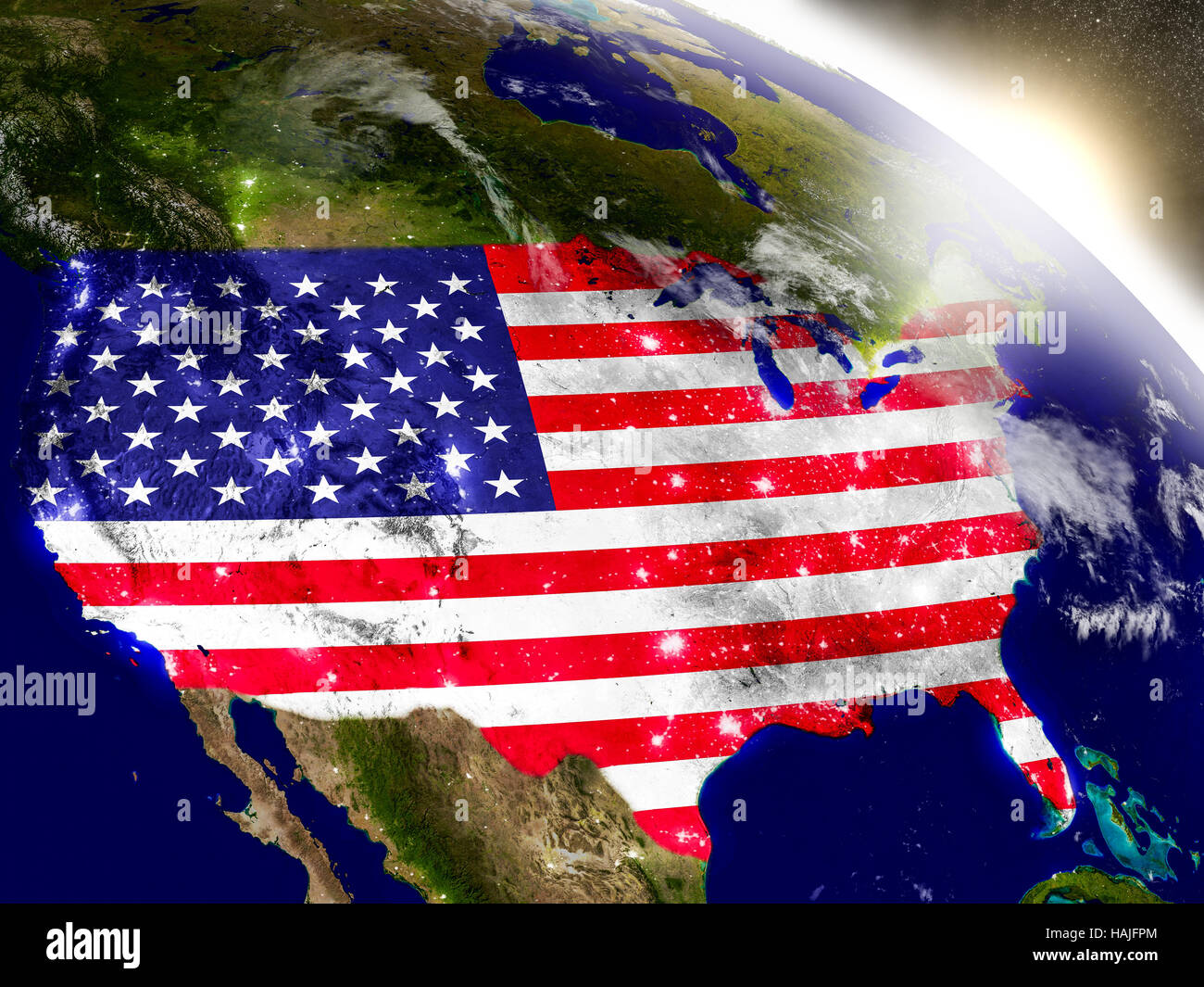 USA with embedded flag on planet surface during sunrise. 3D ...