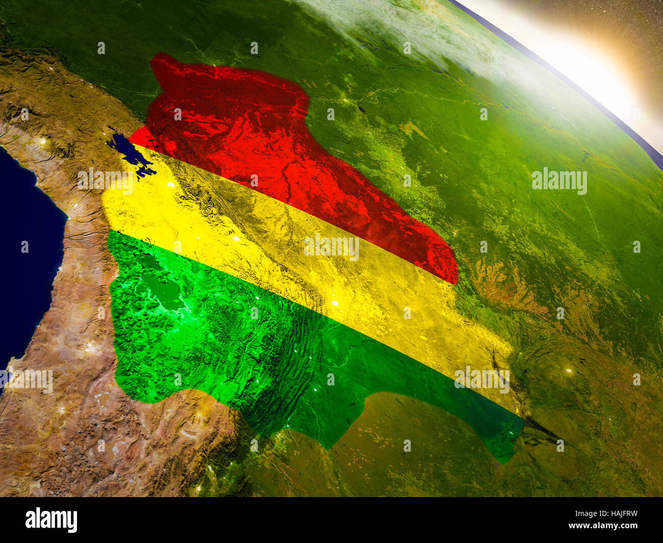 Bolivia with embedded flag on planet surface during sunrise. 3D ...