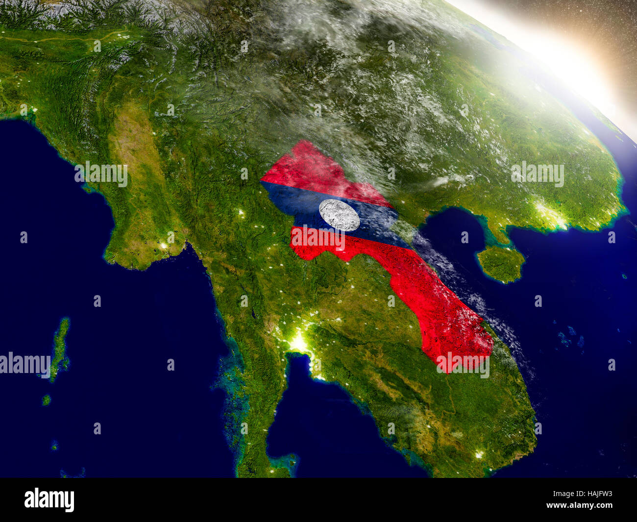 Laos with embedded flag on planet surface during sunrise. 3D ...