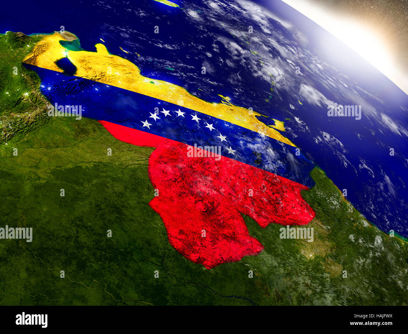 Venezuela with embedded flag on planet surface during sunrise. 3D ...