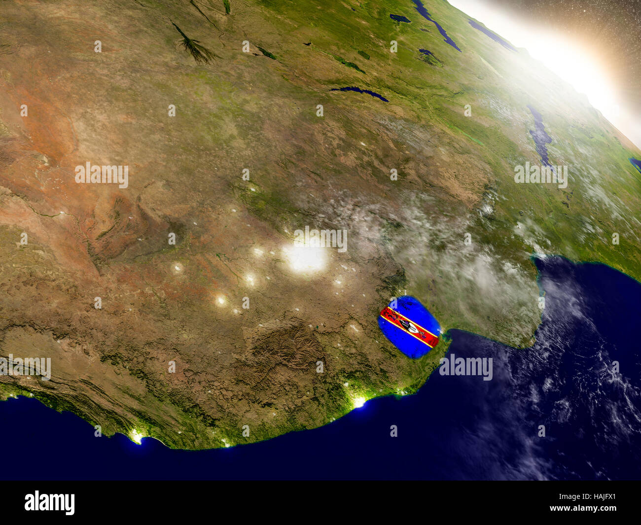 Swaziland with embedded flag on planet surface during sunrise. 3D ...