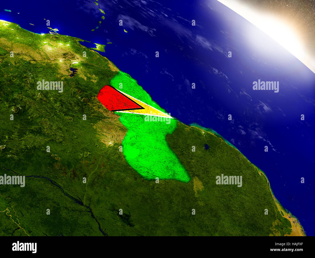 Guyana with embedded flag on planet surface during sunrise. 3D ...
