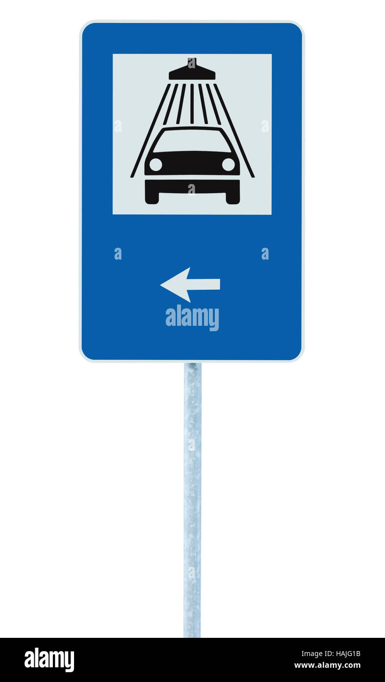 Car wash road sign on post pole, traffic roadsign, blue isolated vehicle shower washing service