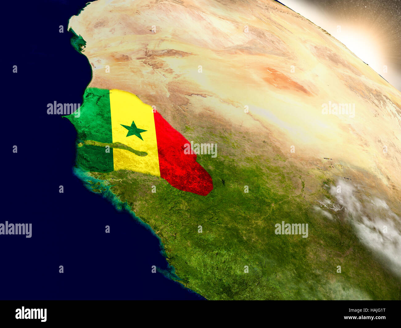 Senegal with embedded flag on planet surface during sunrise. 3D ...