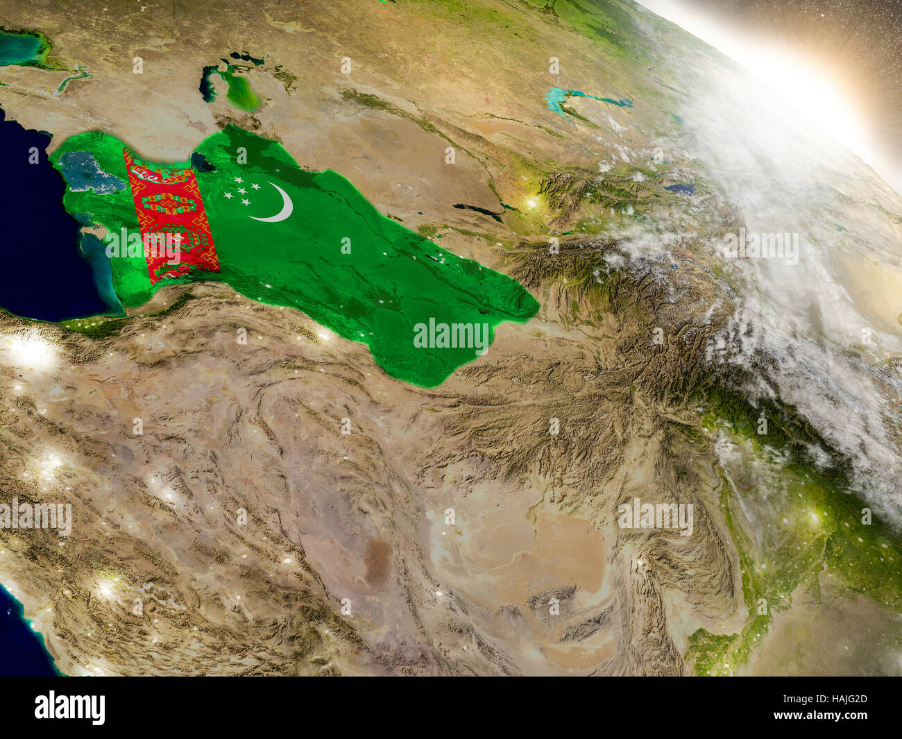 Turkmenistan with embedded flag on planet surface during sunrise. 3D ...