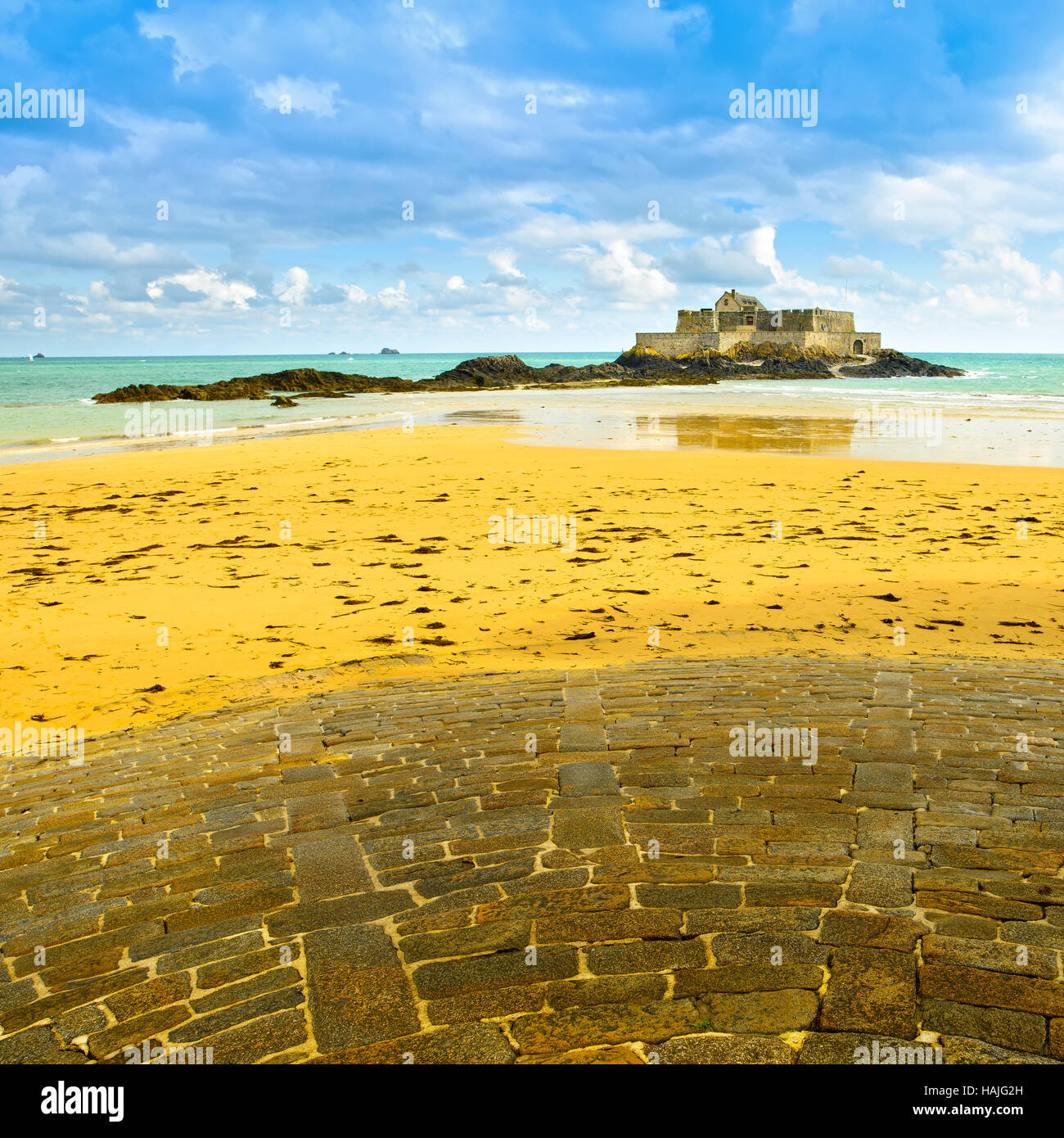 Saint Malo beach, Fort National island and rocks during Low Tide. Brittany, France, Europe. Stock Photo