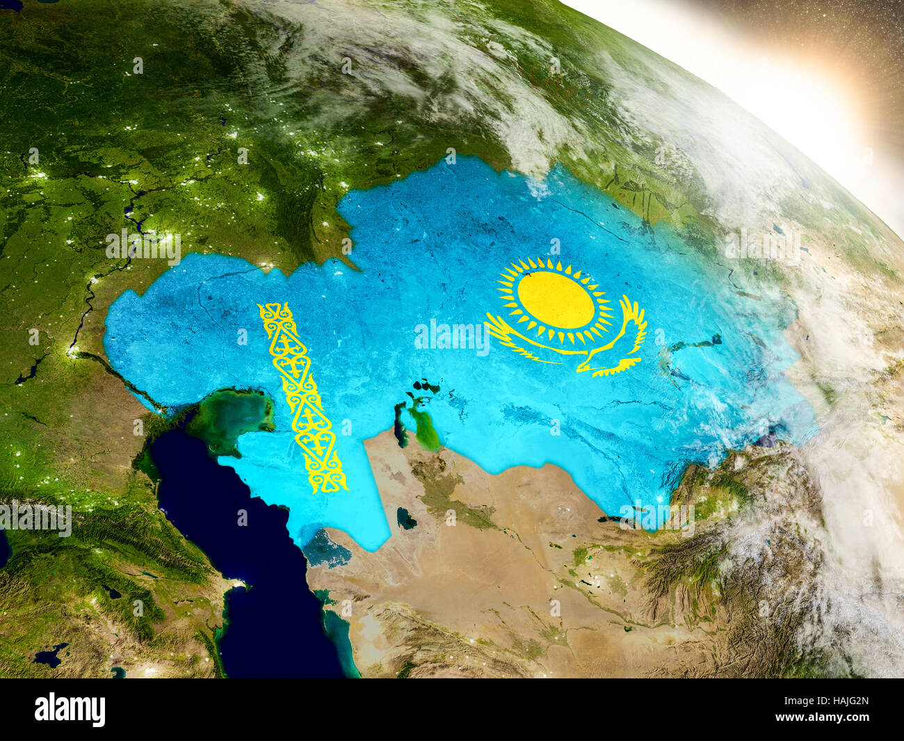 Kazakhstan with embedded flag on planet surface during sunrise. 3D ...