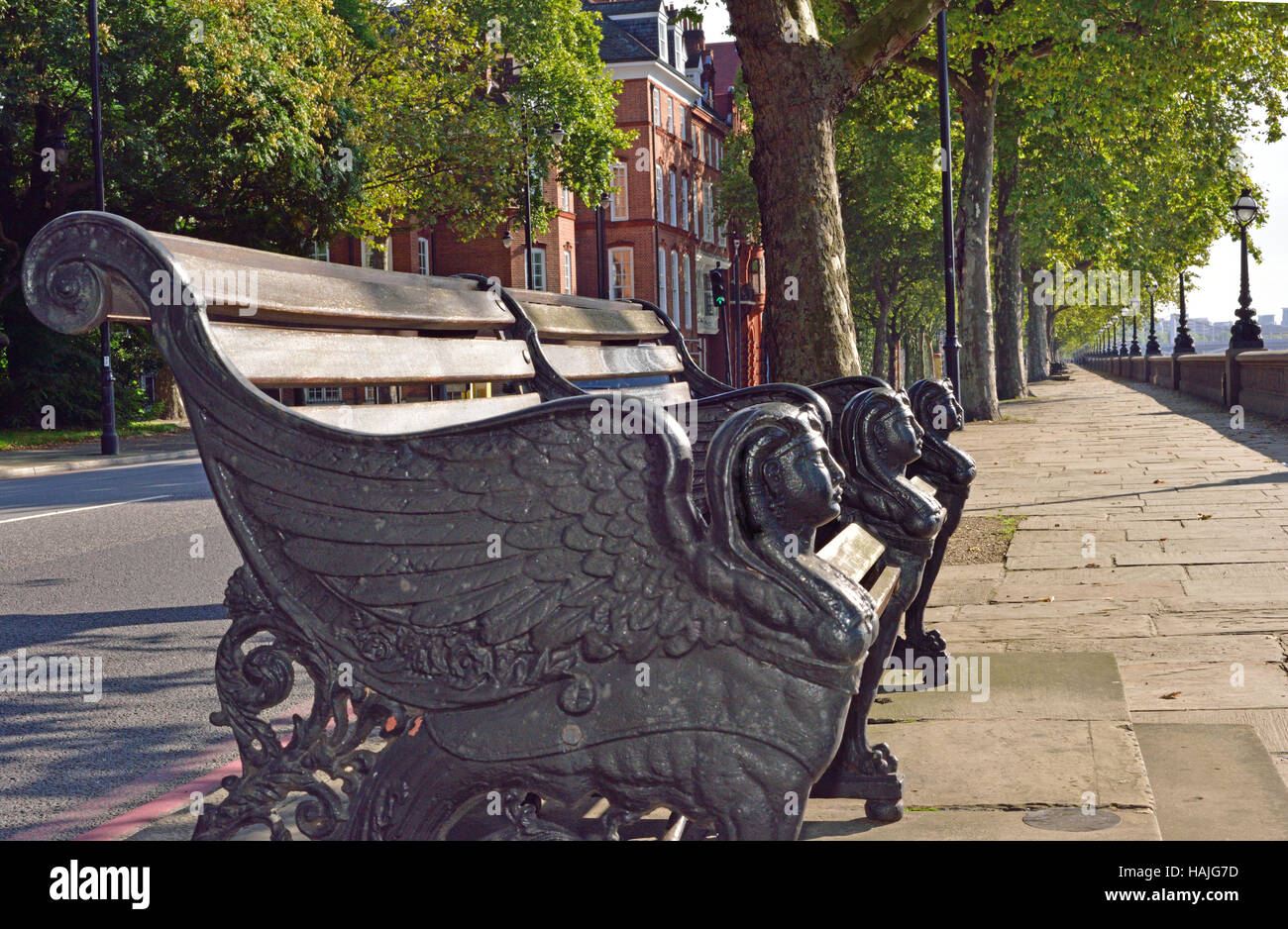 Pharonic Egyptian style bench in London with the Thames Embankment stretching out in the background. Stock Photo