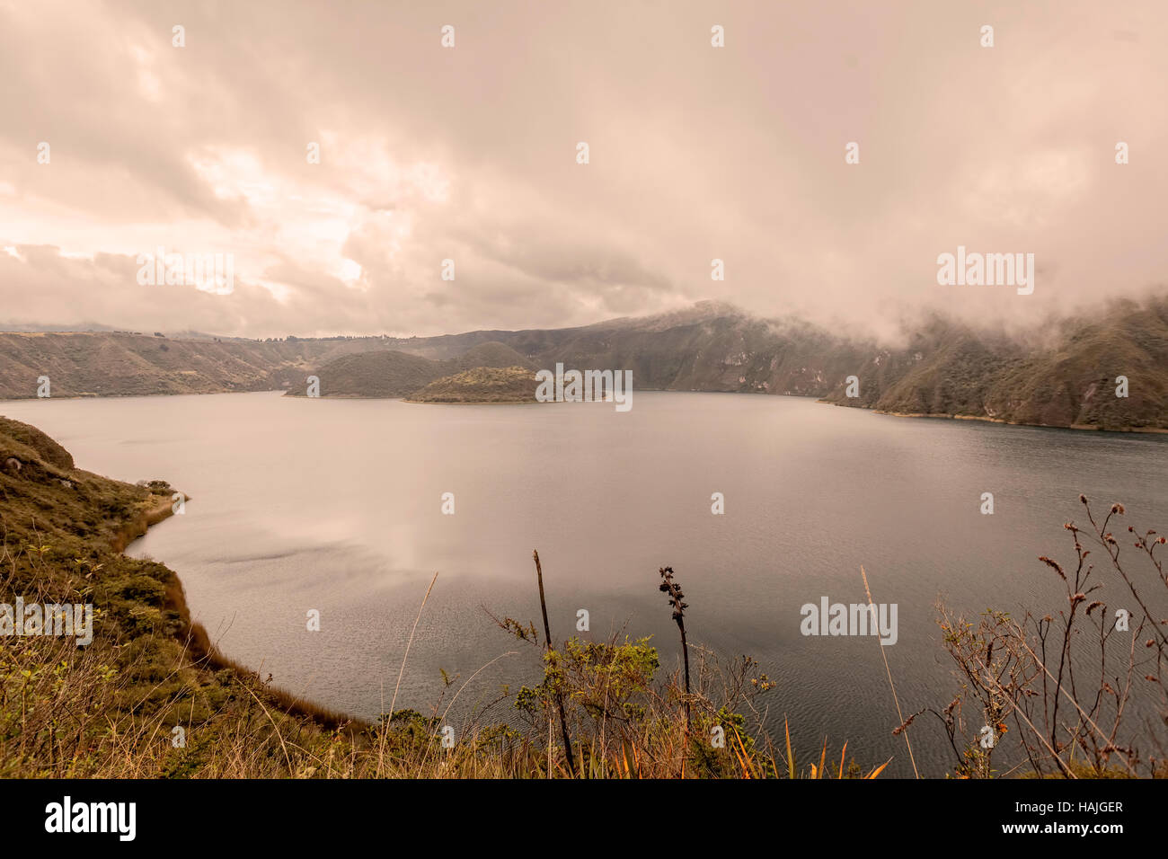 Aerial View Over Volcanic Lake Laguna Cuicocha, Ecuador, South America Stock Photo