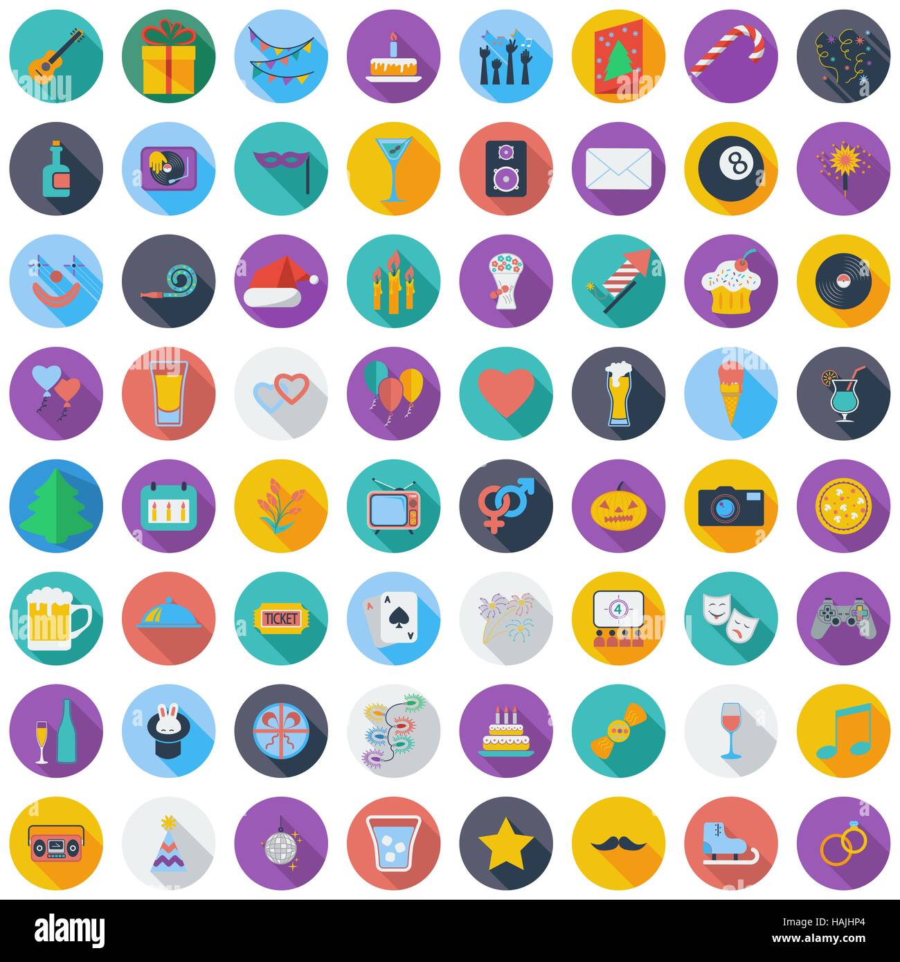 Celebration and Party color flat icons set with long shadow. Vector ...