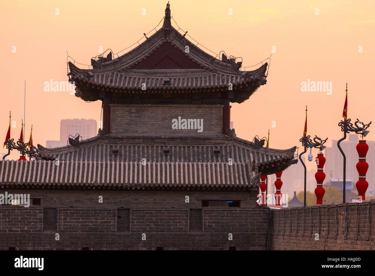 Watchtower and lanterns on Xian city walls, Shaanxi, China Stock Photo