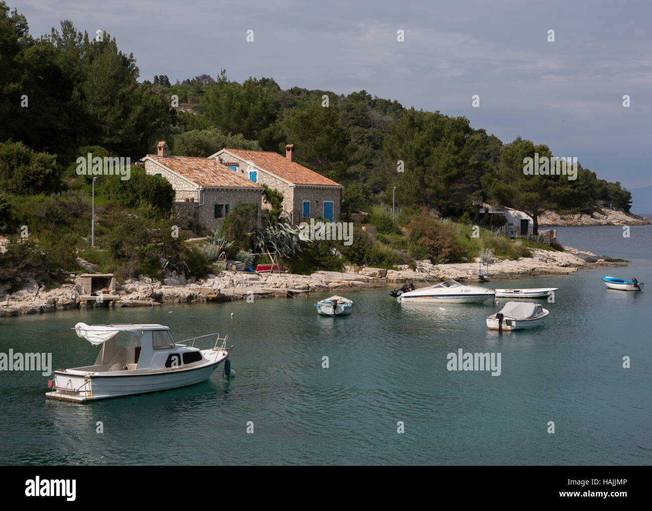 boats in a small bay on the island of Losinj, Kvarner Gulf, Croatia. Stock Photo