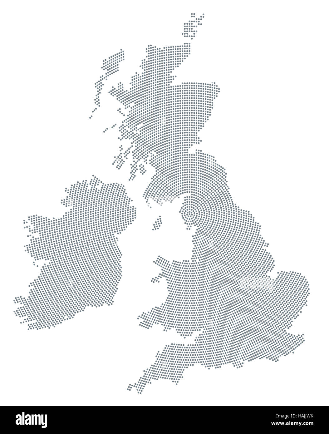 British Isles map radial dot pattern. Gray dots going from the center forming the silhouettes of Ireland and United Kingdom. Stock Photo