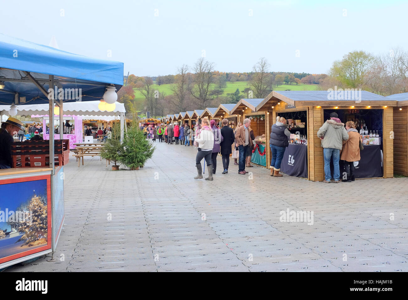 Chatsworth, Derbyshire, UK. November 15, 2016. Wooden Christmas market stalls in