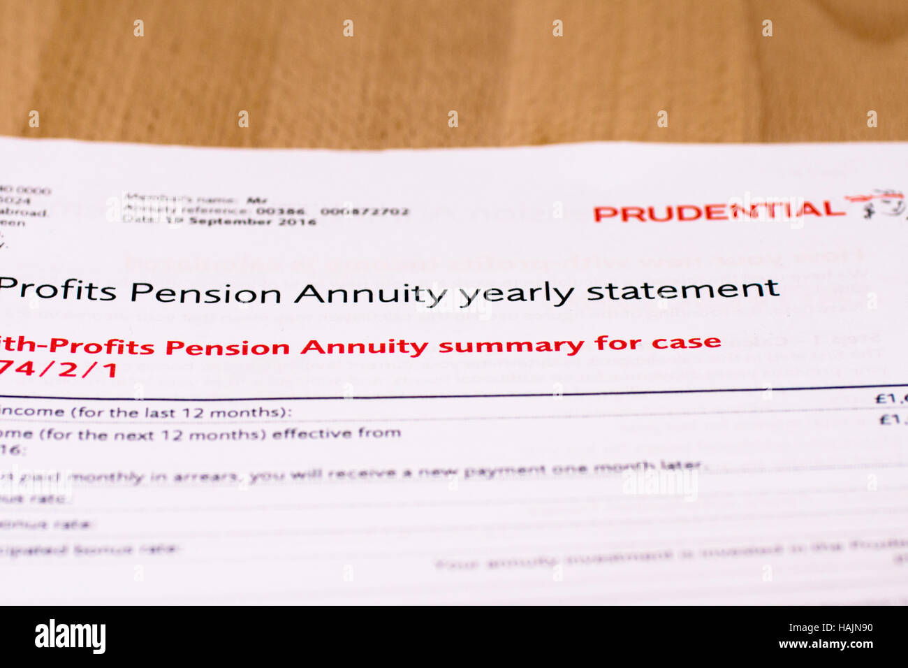 Prudential Pension annuity yearly statement letter Stock Photo