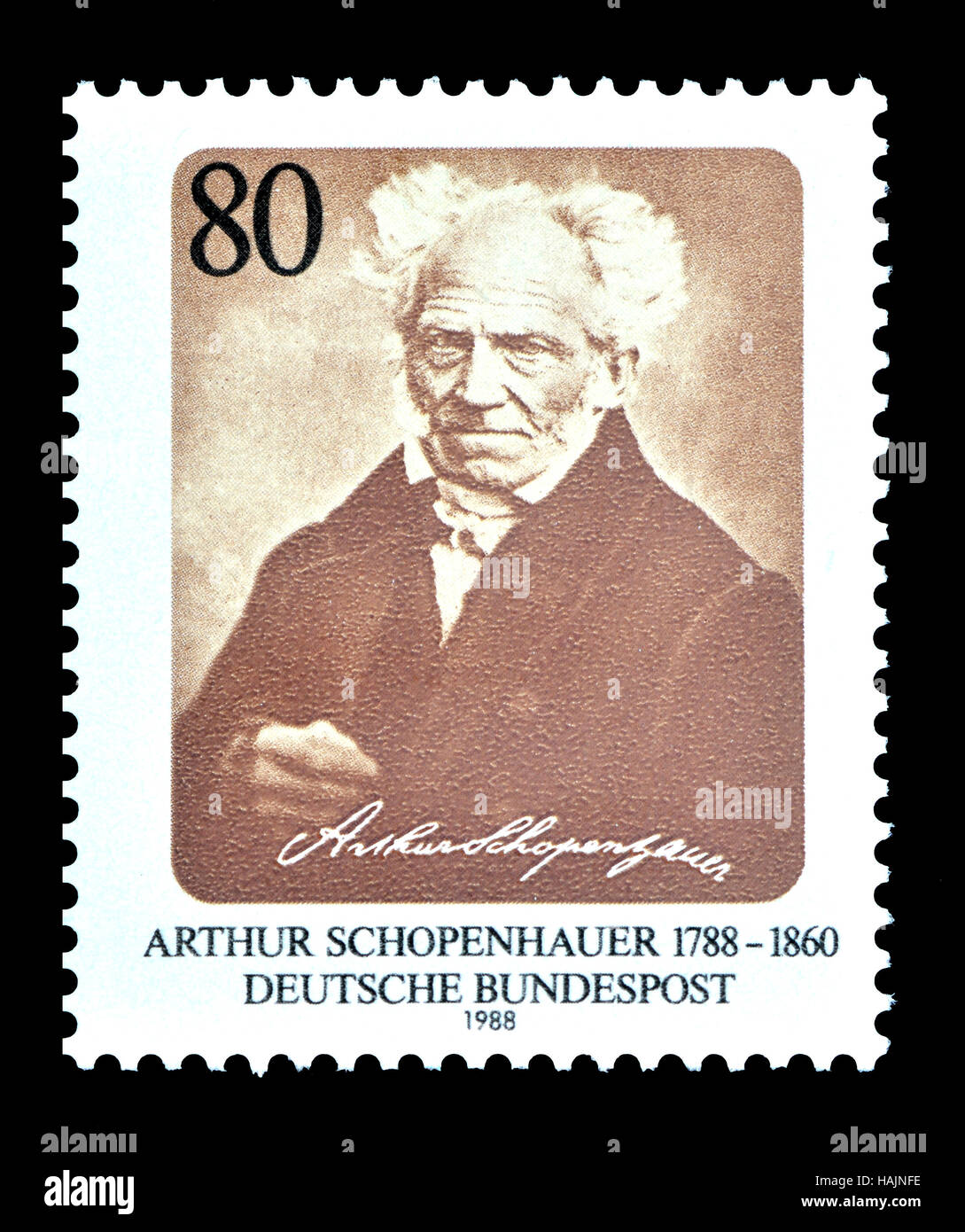 German postage stamp (1988) : Arthur Schopenhauer (1788-1860) German philosopher, best known for his 1818 work The World as Will and Representation Stock Photo