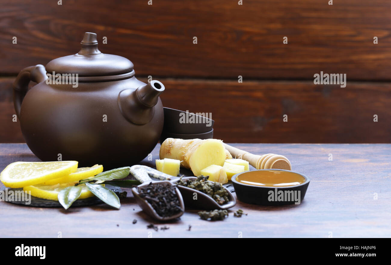 Tea set with ginger, lemon and honey Stock Photo - Alamy