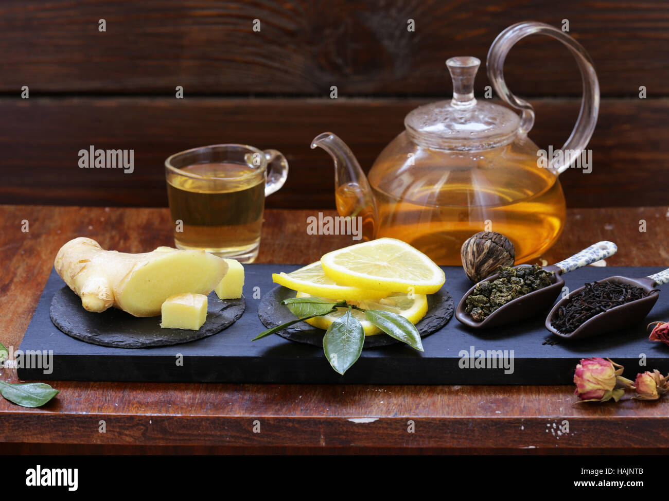 Tea set with ginger, lemon and honey Stock Photo - Alamy