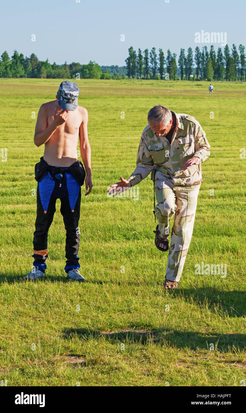 Parachutists - 2015.Trainer and his pupil. Stock Photo
