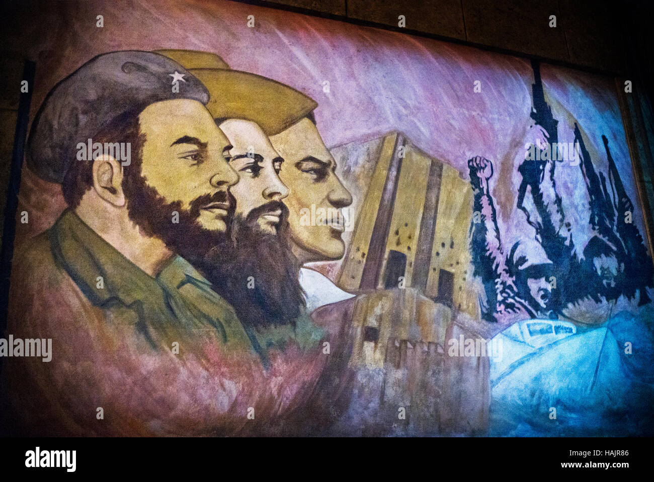 Cuba art,Graffiti depicting revolutionary heroes such as Camillo Cienfuegos; Fidel Castro and Che Guevara Havana, Cuba, Stock Photo