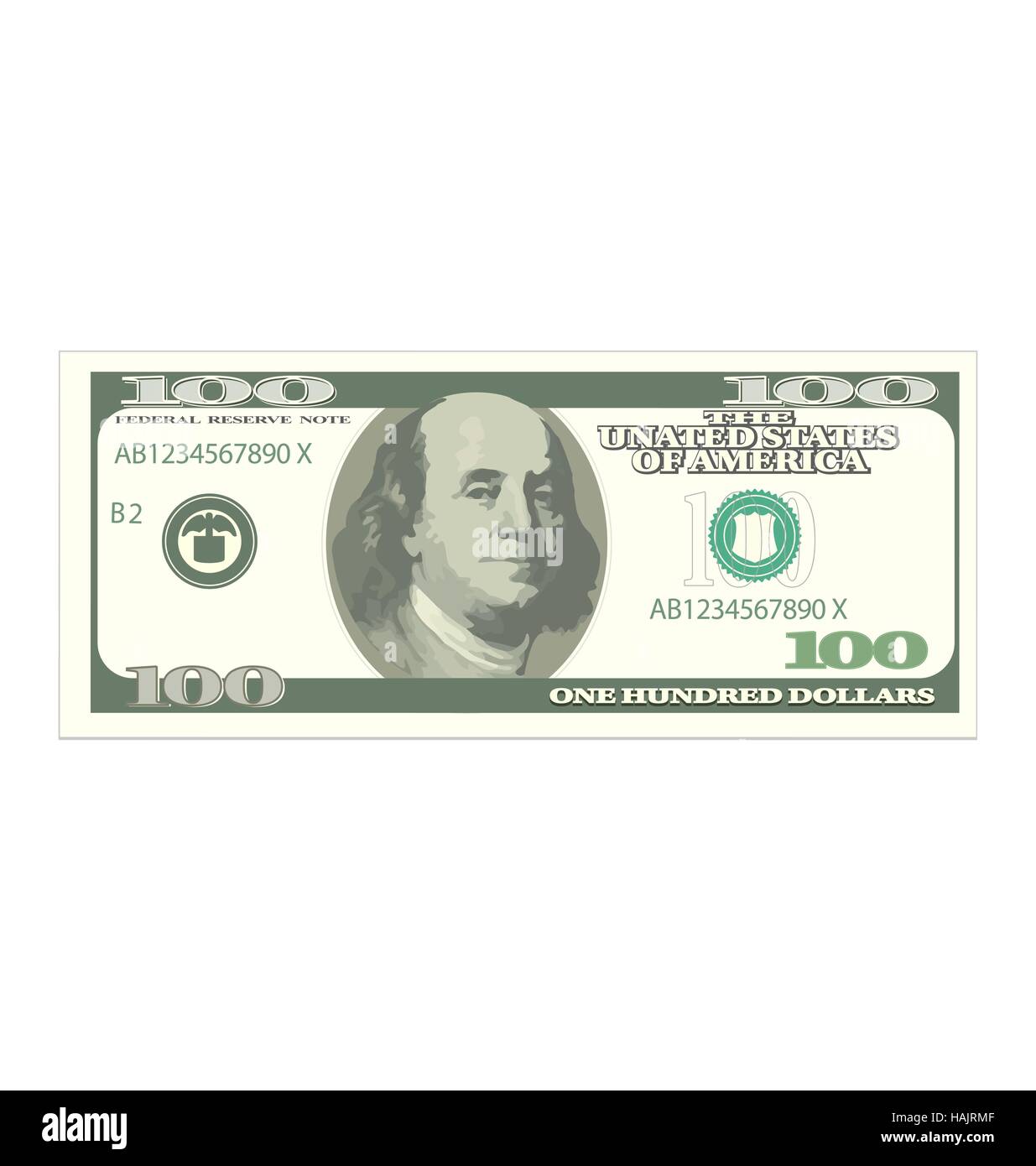 One Hundred Dollars Isolated on White Background Stock Vector