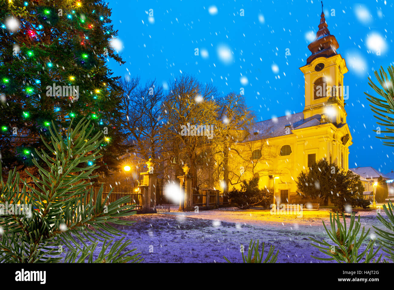 Catholic church with Christmas tree in the Christmastime Stock Photo Alamy