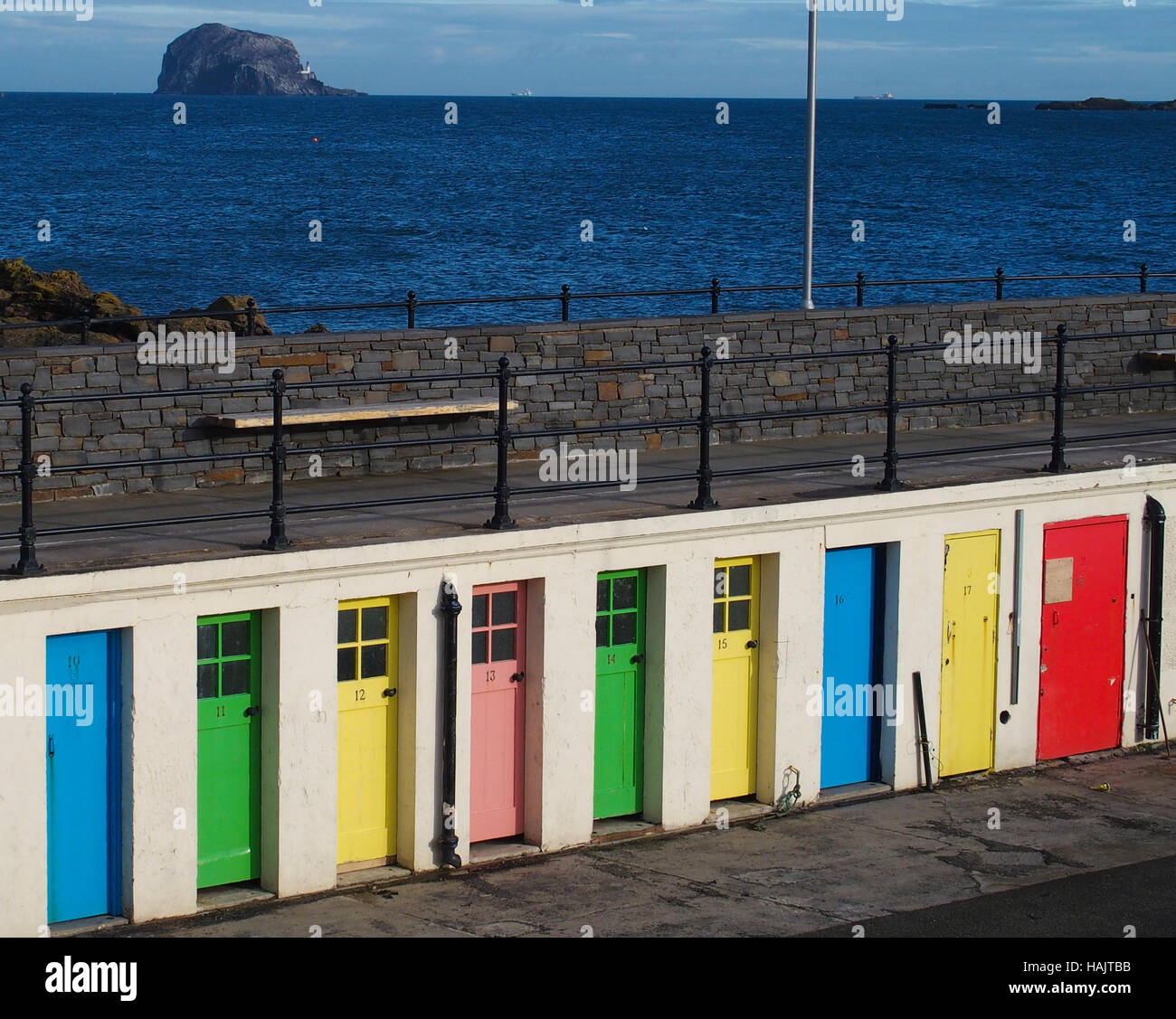 Old Swimming Pool Changing Rooms at the Harbour, North Berwick - Bass Rock in distance Stock Photo