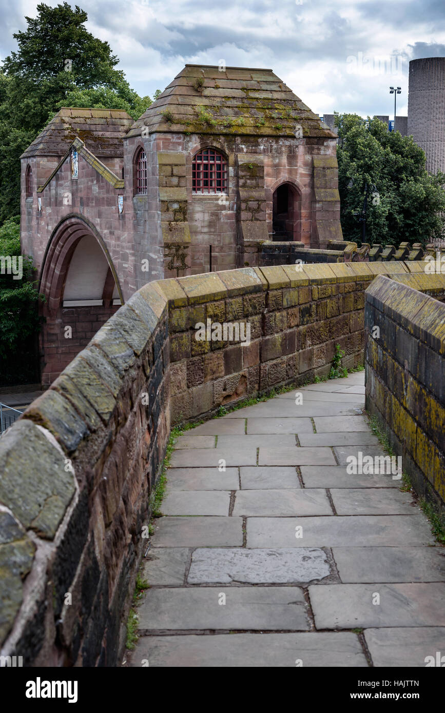 Chester's city walls are the most complete circuit of a Roman and Medieval defensive town wall in Britain. Stock Photo
