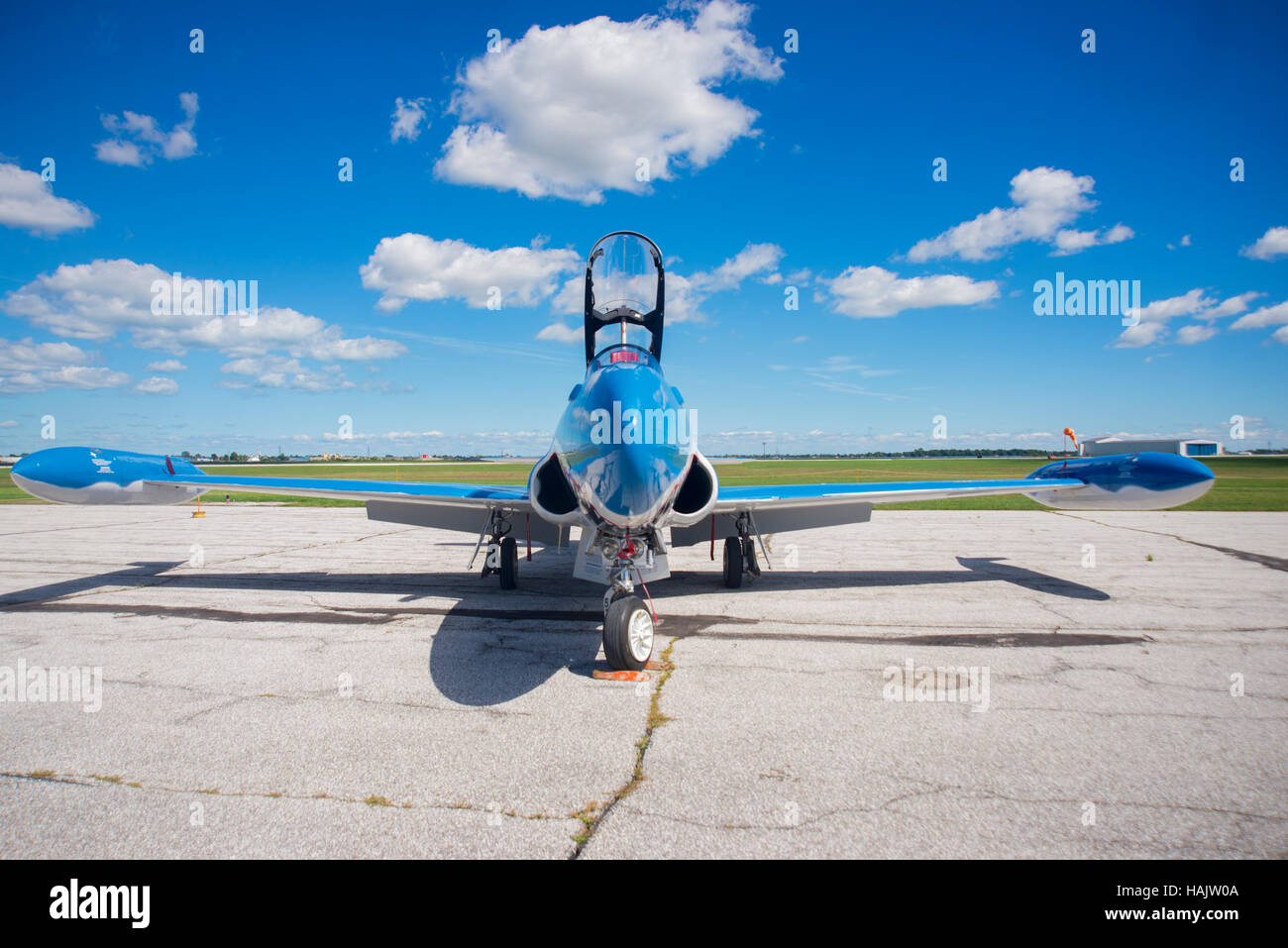 WINDSOR, CANADA - SEPT 10, 2016: JFront view of Jet Aircraft Museum (JAM) T-33 Silver Star Jet Trainer painted as the 'Mako Shark', in exhibit at the  Stock Photo