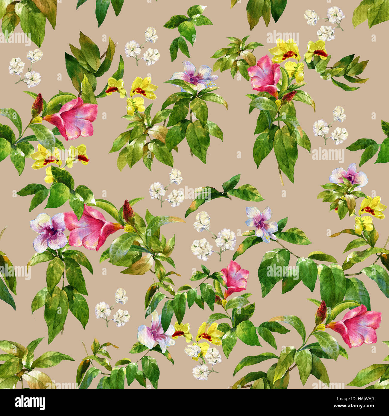 Watercolor illustration of leaf and flowers, seamless pattern Stock ...