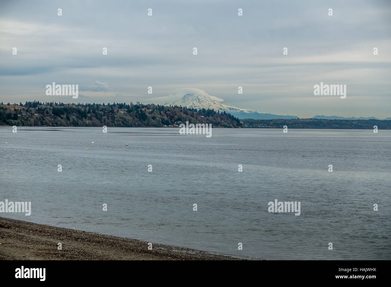 A view of Mount Rainier on an overcast day. Stock Photo