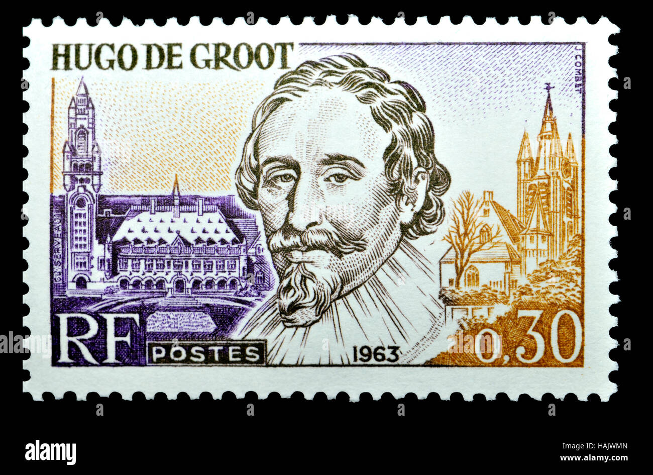 French postage stamp (1963) : Hugo Grotius / Huig de Groot / Hugo de Groot (1583-1645) Dutch jurist, laid the foundations for international law, based Stock Photo