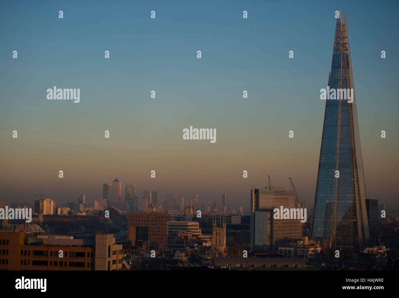The sun sets over the Shard in London, as today marks the start of the meteorological winter. Stock Photo